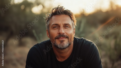 A man with a rugged look smiles contentedly, exuding warmth and wisdom amidst a natural outdoor setting, capturing the essence of human connection to nature.