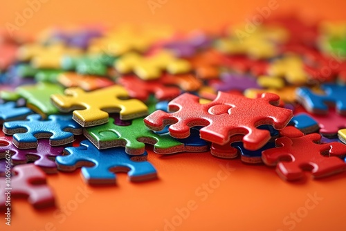 Close-up of Colorful Puzzle Pieces on an Orange Background photo