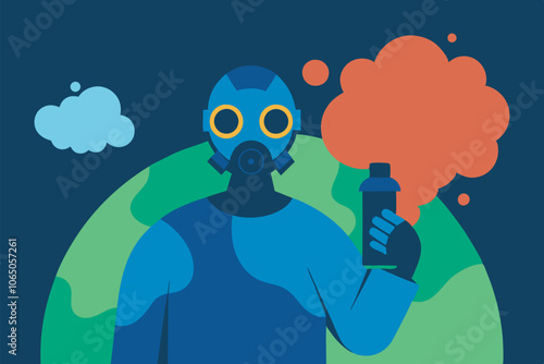 Image features person in gas mask holding spray can in front of Earth depiction with somber atmosphere.