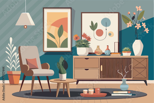A modern living room in blue and green hues, featuring cozy furniture, artistic touches, and plants for a warm, inviting ambiance.