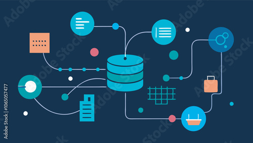 Conceptual illustration shows data processing with central server icon in blue background. Surrounding elements symbolize data flow in network,