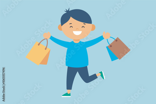 Cartoon boy in blue outfit, holding bags, ecstatic. Bright eyes, wide smile, jumping joyfully. Light blue background enhances cheerful vibe.
