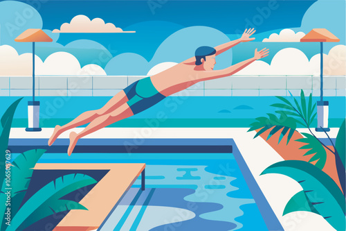 A man in a red hat dives into a clear pool surrounded by palm trees and umbrellas. Lush greenery and a relaxed atmosphere characterize the joyful outdoor scene.