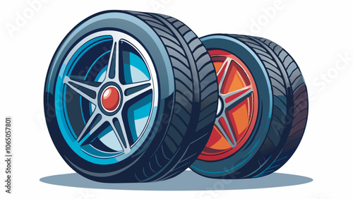 Two car wheels shown close together against a white background. Left wheel upright with metallic star-like hub, red center, gray ring. Right wheel leaning, brown hub with red center,