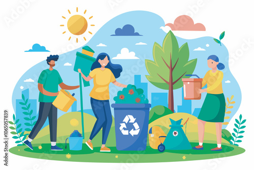 Six people in an urban park cleaning up trash, possibly planting trees for sustainability. Positive, cooperative vibe, sunny day.