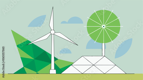 Two wind turbines in a green landscape: one large to the left, one small to the right, set against a cloudy sky. Includes a triangular structure.