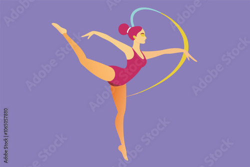 Cartoonish art shows a woman in a leotard balancing on one foot while holding a hoop high in the air. Purple background adds to the energetic vibe.