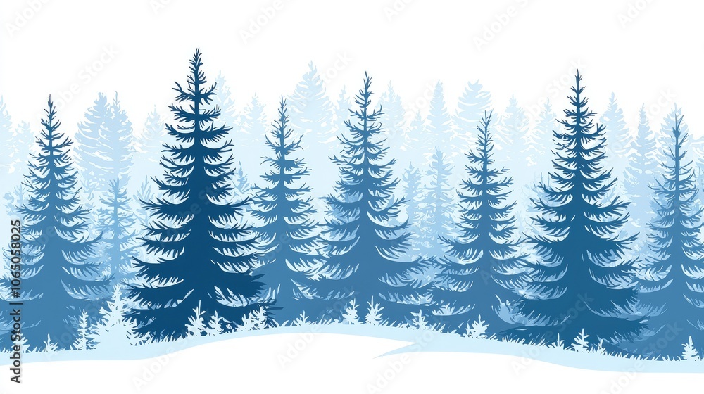 Fototapeta premium Winter forest landscape with snow-covered pine trees on a white isolated background.
