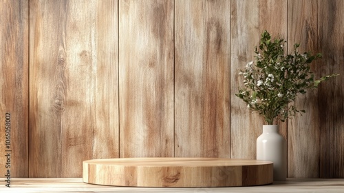 A wooden podium paired with a white vase stands confidently against a background of multi-tone wood panels, enlisting calm and inviting design principles. photo