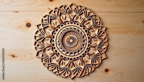 Wooden mandala art piece on a wooden background showcasing intricate craftsmanship and design photo