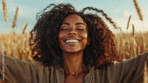 A vibrant woman with curly hair joyfully laughs with open arms in a sunlit field, capturing freedom and happiness as the golden light envelops her animated form. photo