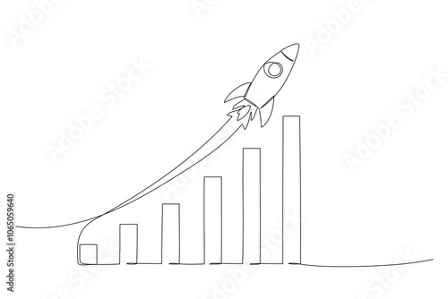 Growth chart one continuous line illustration. Hand drawn doodle sketch, graph with rocket. Financial success or price vector graphic