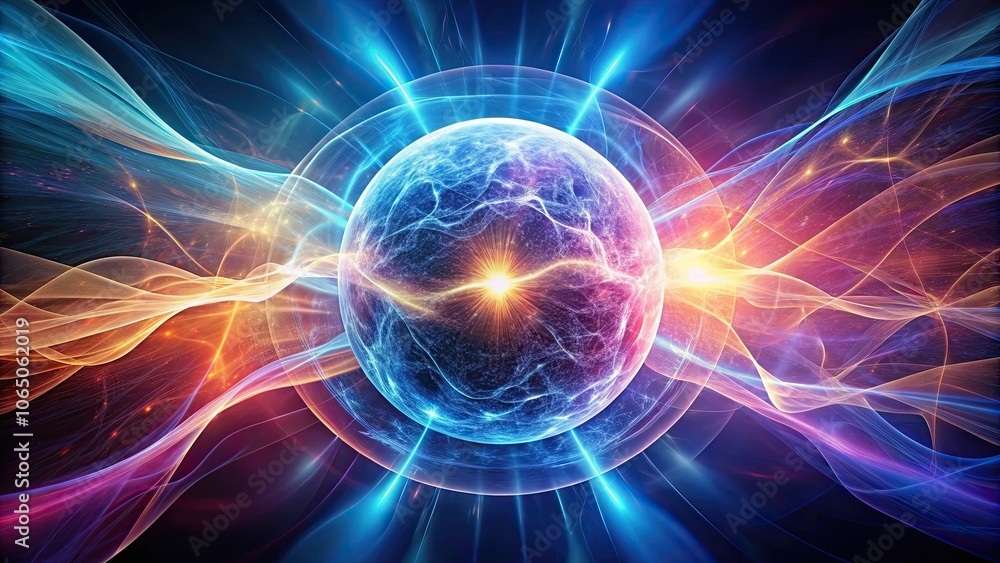 Fototapeta premium Abstract futuristic background with glowing sphere core atom energy ball circle made of energy waves and plasma light