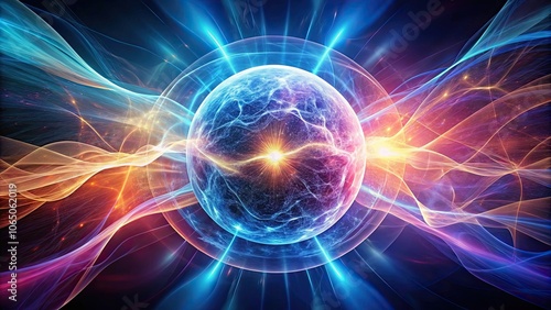 Abstract futuristic background with glowing sphere core atom energy ball circle made of energy waves and plasma light