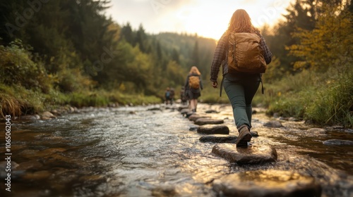 A group of backpackers navigate a rugged path by crossing a gently flowing river using stepping stones, surrounded by lush foliage under a setting sun.