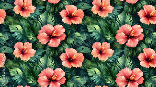 Colorful seamless watercolor pattern featuring hand painted hibiscus flowers and lush green leaves ideal for textiles and home decor