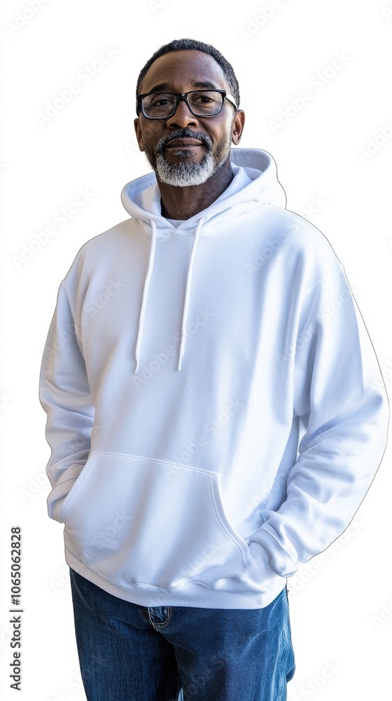 A middle-aged African American man stands casually in a stylish white hoodie A middle-aged African American man stands casually in a stylish white hoodie