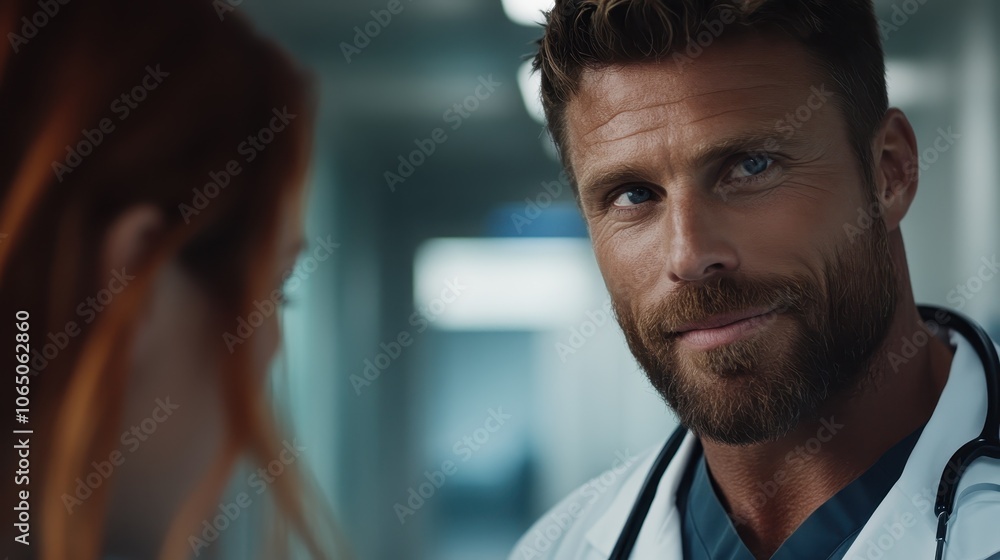 A smiling male doctor with a well-groomed beard, dressed in modern medical attire, confidently stands in a hospital environment, reflecting professionalism and care. A smiling male doctor with a well-groomed beard, dressed in modern medical attire, confidently stands in a hospital environment, reflecting professionalism and care.