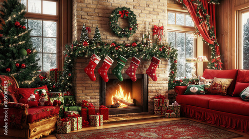 Cozy family room with a red and green fireplace mantle, stockings, and garlands of pine, interior Christmas decor, familyfriendly festive style photo