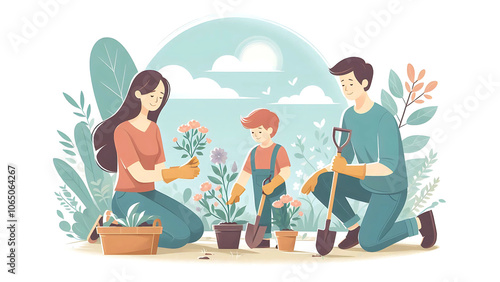 Family Planting Flowers Together Under the Sun, family time vector illustration graphic resources