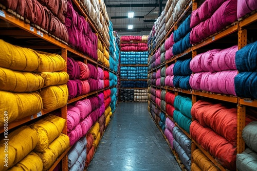 Colorful Fabric Rolls Stacked on Shelves in a Warehouse photo