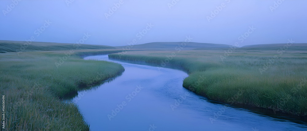 A winding river flows through a misty, grassy field. A winding river flows through a misty, grassy field.