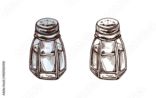 Hand-drawn colored and monochrome sketch of glass salt shaker with metal lid. Vintage drawing of salt shaker. Vector black ink outline food sketch illustration. Food, cuisine. 