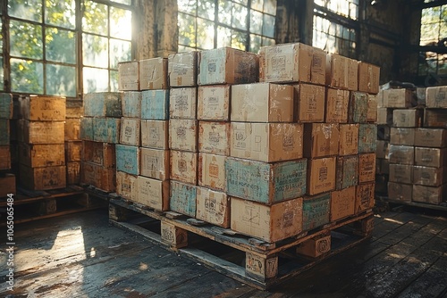 Stacked Cardboard Boxes on a Pallet in an Industrial Setting photo