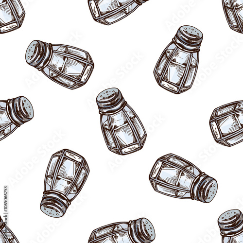 Hand-drawn colored  seamless pattern of glass salt shaker with metal lid.  Food, cuisine. An illustration for the menu.