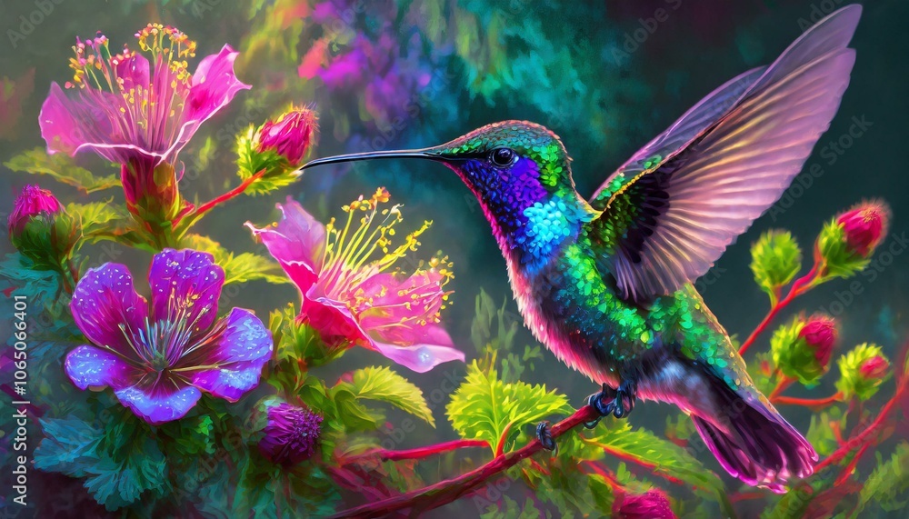 theme the whimsical nature is a bird and flowers , Pastel painting, hummingbird among flowers searching for food, pastel painting technique with color palette, soft blending theme the whimsical nature is a bird and flowers , Pastel painting, hummingbird among flowers searching for food, pastel painting technique with color palette, soft blending