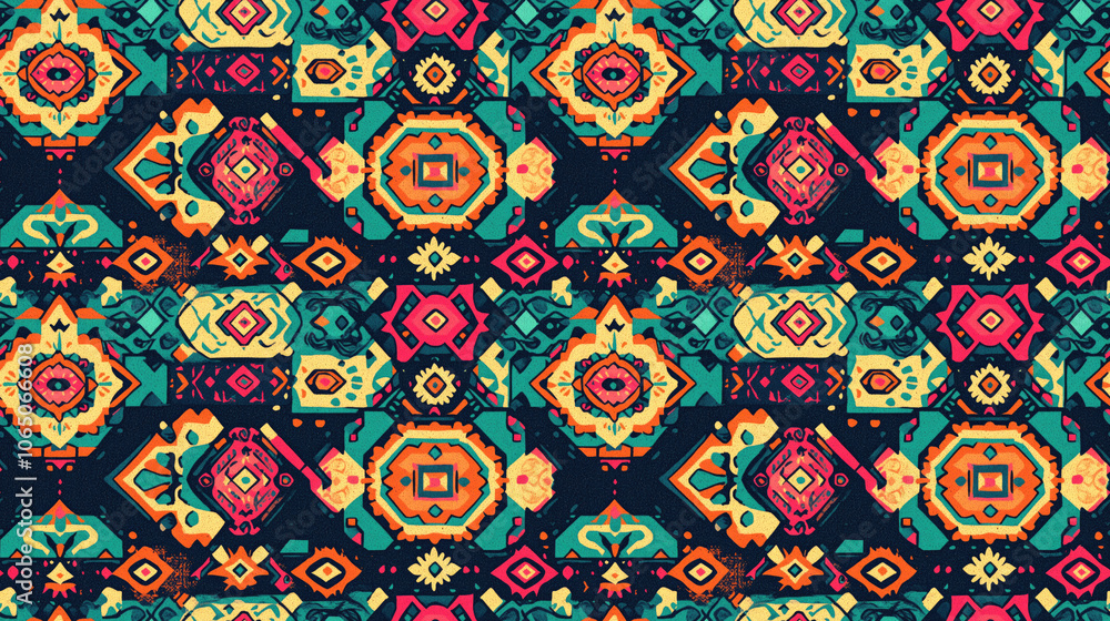 Naklejka premium Seamless pattern of intricately decorated hand drawn geometric designs in vibrant colors perfect for textiles and creative projects