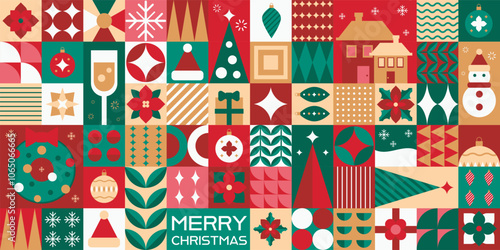 Christmas and New Year geometric composition with holiday symbols, fir trees, gifts, toys and abstract forms. Celebration greeting, banner and background. Vector illustration.