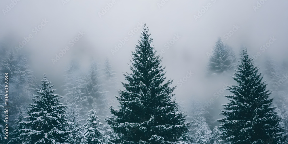Serene winter landscape with foggy coniferous forest Serene winter landscape with foggy coniferous forest