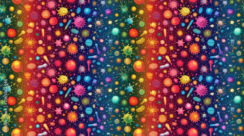 Seamless pattern featuring colorful T Cells rainbow hues representing genetic cancer and various microscopic views of human cells and viruses perfect for educational materials science graphics medic photo