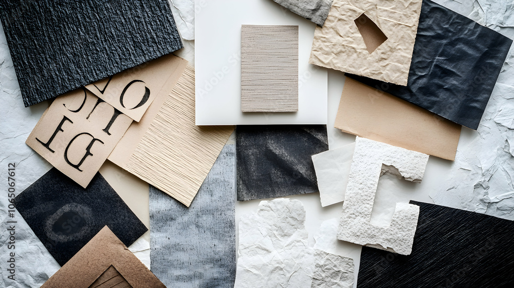 Flat lay of various materials and textures in different colors for interior design inspiration. Flat lay of various materials and textures in different colors for interior design inspiration.