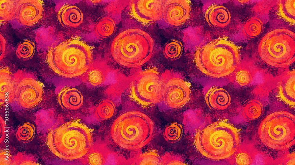 Vivid seamless pattern featuring red tie dye swirls and neon brush spirals ideal for fabric design and trendy apparel Vivid seamless pattern featuring red tie dye swirls and neon brush spirals ideal for fabric design and trendy apparel