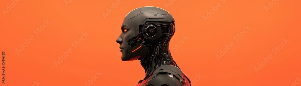 A sleek robot head in profile against a vibrant orange background, showcasing advanced technology and a futuristic design aesthetic. A sleek robot head in profile against a vibrant orange background, showcasing advanced technology and a futuristic design aesthetic.
