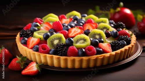 Fruit tart featuring a buttery crust, creamy custard filling, and a vibrant assortment of fresh fruits. photo