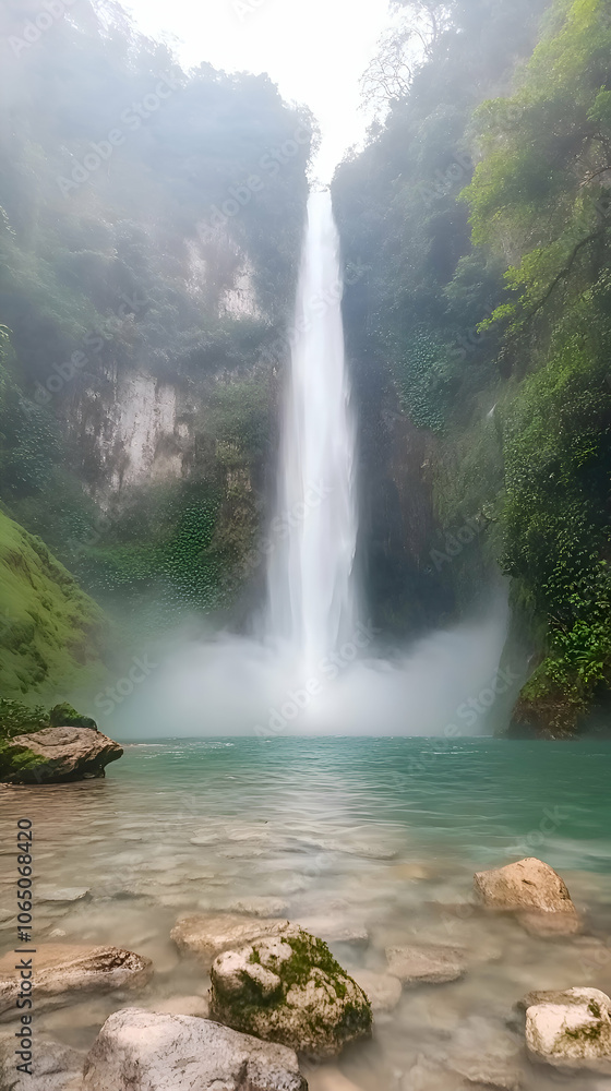 Fototapeta premium Majestic waterfall cascading down a cliff face into a pool of water.