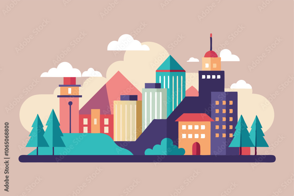 Fototapeta premium Vector illustration in simple minimal geometric flat style - city landscape with buildings, hills and trees, abstract horizontal banner