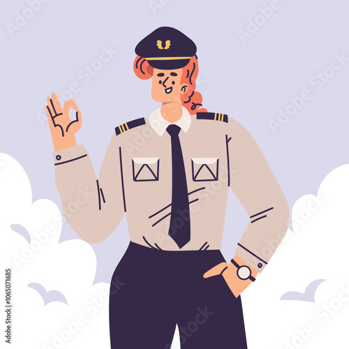 Pilot Woman Character in Uniform with Tie Vector Illustration