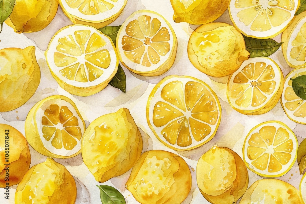 Fresh watercolor lemons and slices with leaves Fresh watercolor lemons and slices with leaves