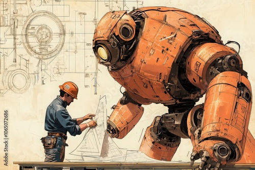 Engineer and Robot Collaborate in Retro Comic Style photo