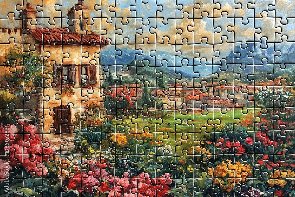 Fototapeta premium A Partially Completed Jigsaw Puzzle Depicting a Garden with a House and Mountains in the Distance