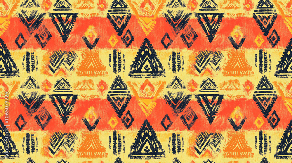 Fototapeta premium Colorful seamless ethnic art pattern featuring orange and yellow tribal designs ideal for summer themed textiles and backgrounds