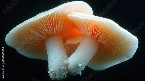 Close-up capture of orange mushrooms, showcasing the fine details of the gills, set against a softly blurred background, accentuating their natural beauty. photo