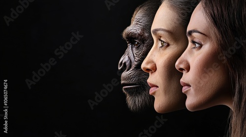 Side profiles of faces representing different stages of human evolution, from primate to modern human, emphasizing gradual changes in facial structure on a clean backdrop. 