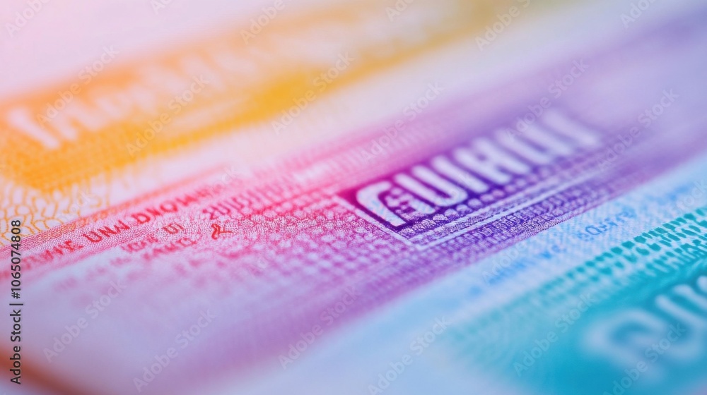 Obraz premium Colorful Visa Sticker in Passport Close-Up