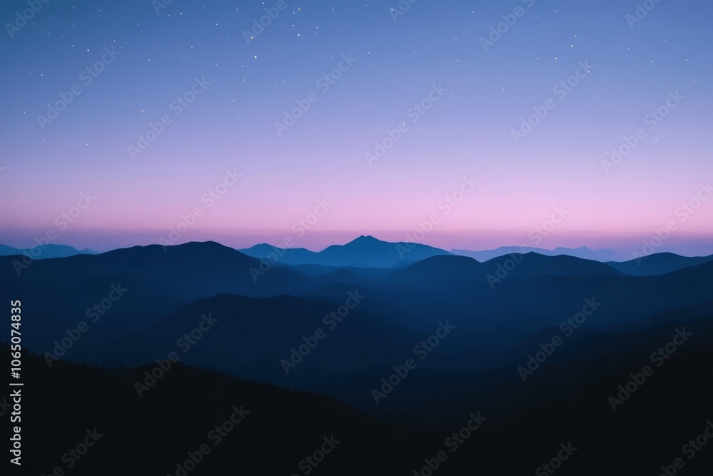 Fototapeta premium Mountain Silhouette at Night: A black silhouette of mountains with a soft gradient sky transitioning from navy blue to violet, featuring faint stars
