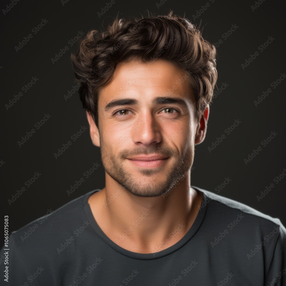 Fototapeta premium Close up of a man with a beard in a casual button down shirt on a neutral gray backdrop